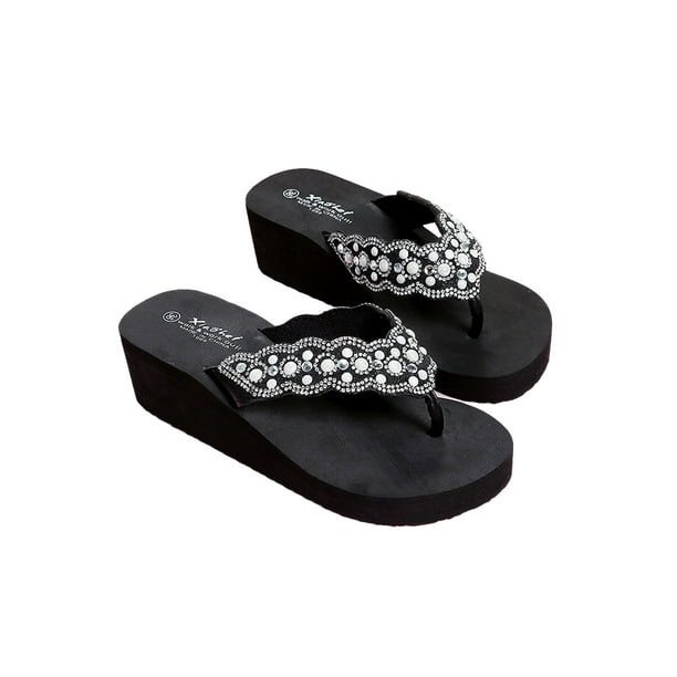 Womens Ladies Sliders Slip On Pearl Block Heel Summer Mules Flip Flop Sandals